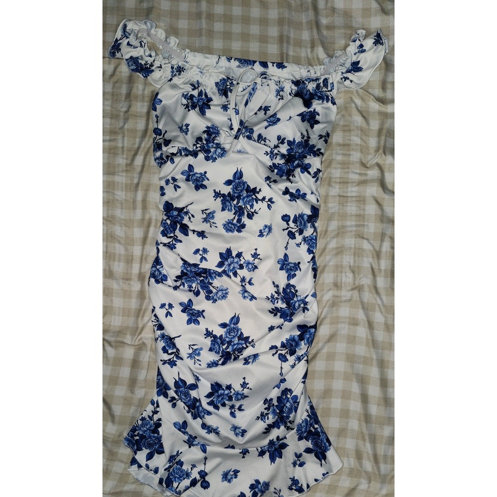 Blue Floral Off Shoulder Ruched Bodycon Mini Dress White Ruffle Hem Medium - Picture 1 of 5